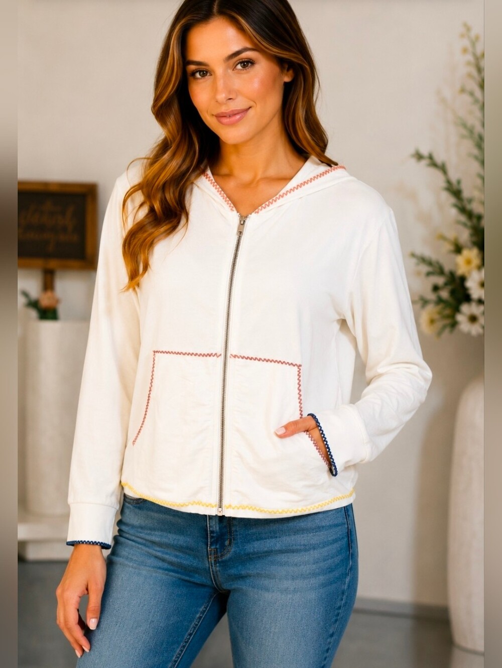 NWT Honey Punch zip front silky soft stretch hoodie ivory, colored accent stitch